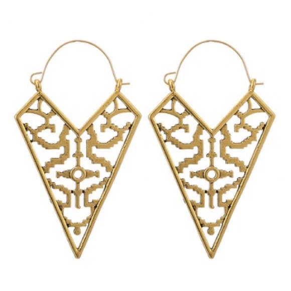 Large Silver Triangle Tribal Geometric Earrings - Picture 3 of 4